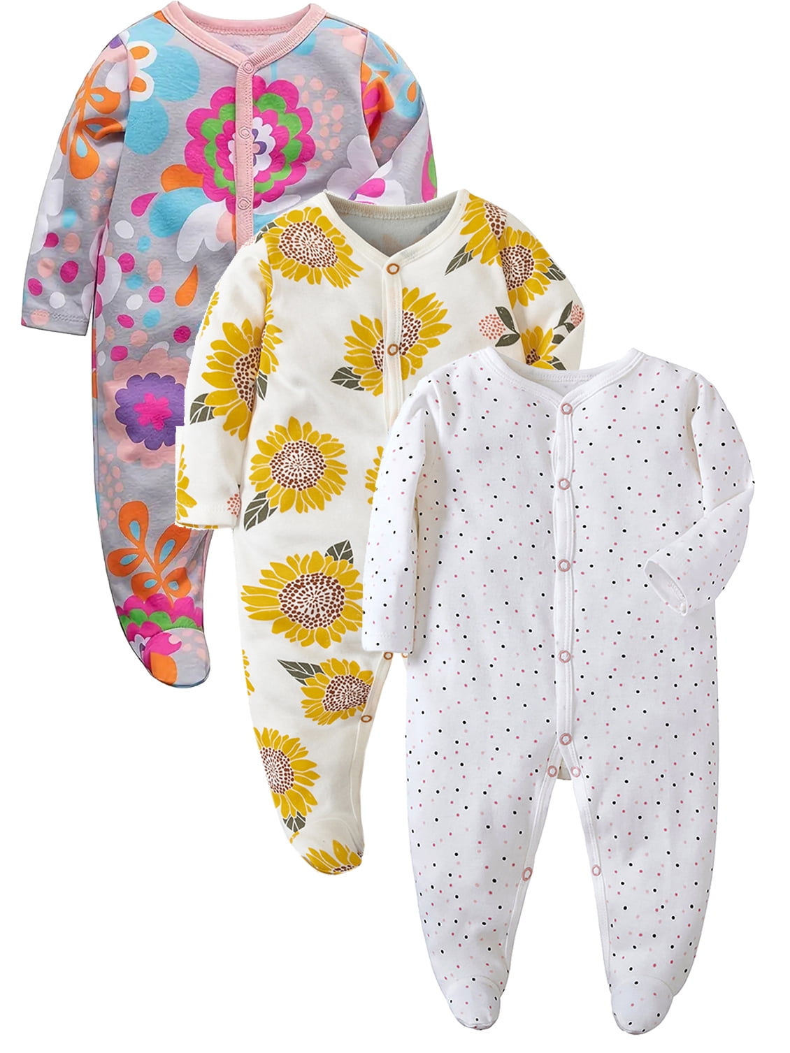 QEFJNO Newborn Baby Girls' 3-pack Sleep and Play Footies Pajamas One-Piece Sleeper Button Jumpsuit Cotton Floral PJs