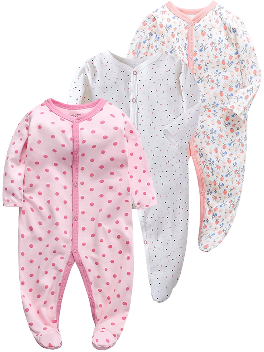 QEFJNO Newborn Baby Girls' 3-pack Sleep and Play Footies Pajamas One-Piece Sleeper Button Jumpsuit Cotton Polka Dots PJs