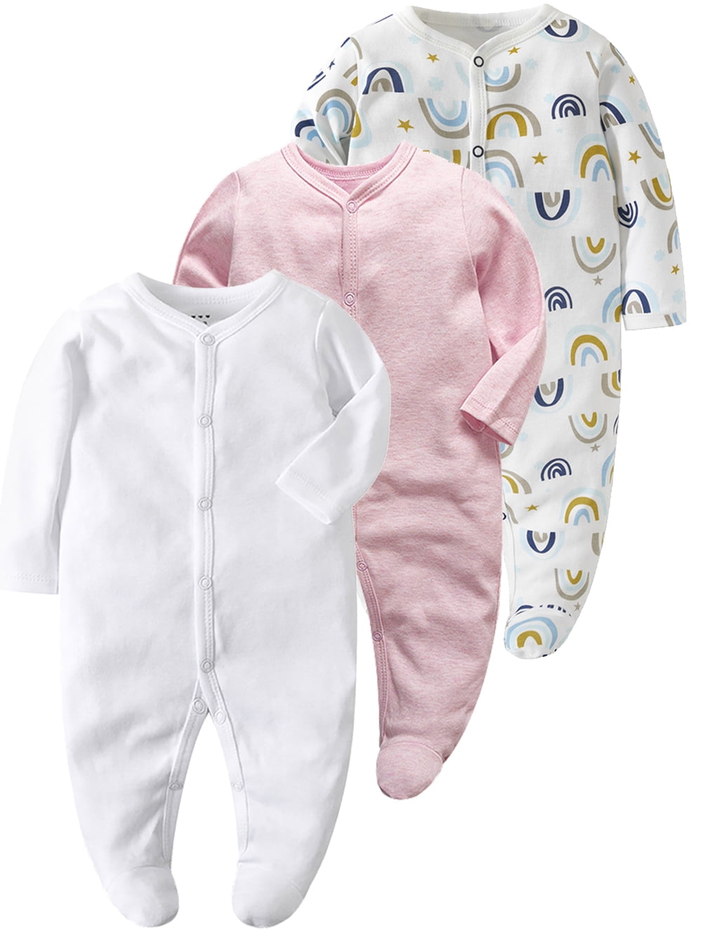 QEFJNO Newborn Baby Girls' 3-pack Sleep and Play Footies Pajamas One-Piece Sleeper Button Jumpsuit Cotton Rainbow PJs