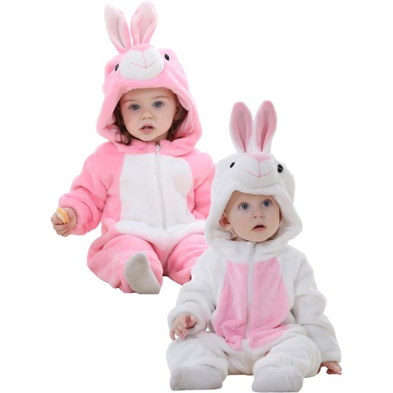 QEFJNO Newborn Infant Animal Bunny Baby Easter Romper Long Ear Rabbit Hoodie Romper Flannel Jumpsuit with Zipper