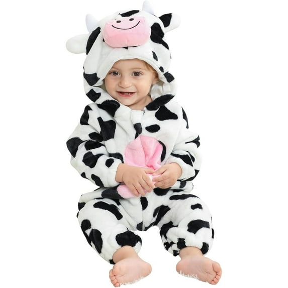 QEFJNO Newborn Infant Animals Cow Romper Baby Winter Flannel Playsuit Toddler Hoodie Romper Jumpsuit with Zipper