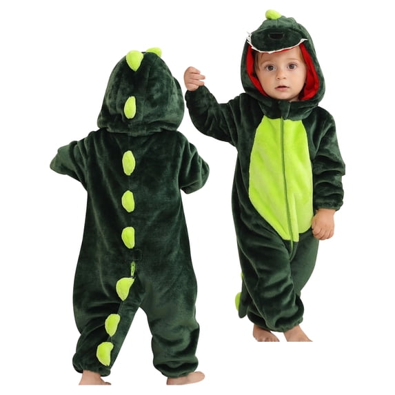 QEFJNO Newborn Infant Animals Dinosaur Romper Baby Winter Flannel Playsuit Toddler Hoodie Romper Jumpsuit with Zipper
