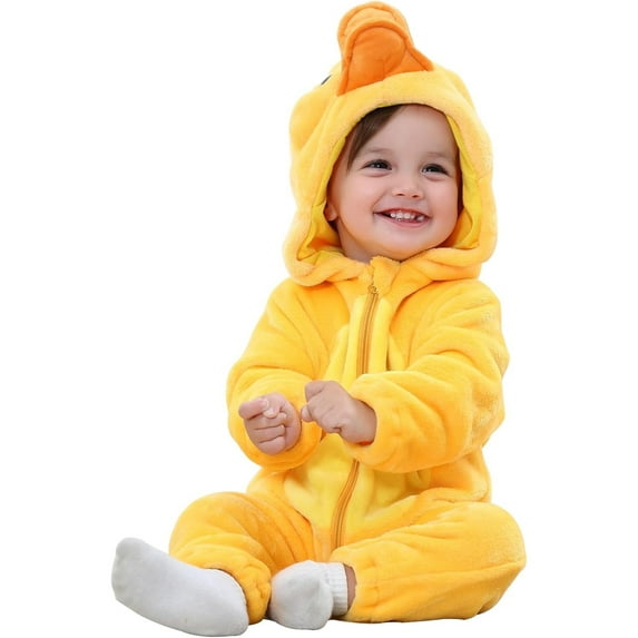 QEFJNO Newborn Infant Animals Duck Romper Baby Winter Flannel Playsuit Toddler Hoodie Romper Jumpsuit with Zipper