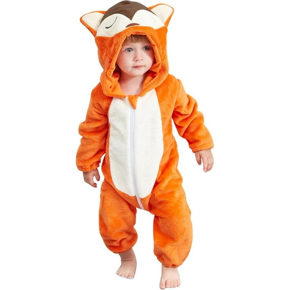 QEFJNO Newborn Infant Animals Fox Romper Baby Winter Flannel Playsuit Toddler Hoodie Romper Jumpsuit with Zipper