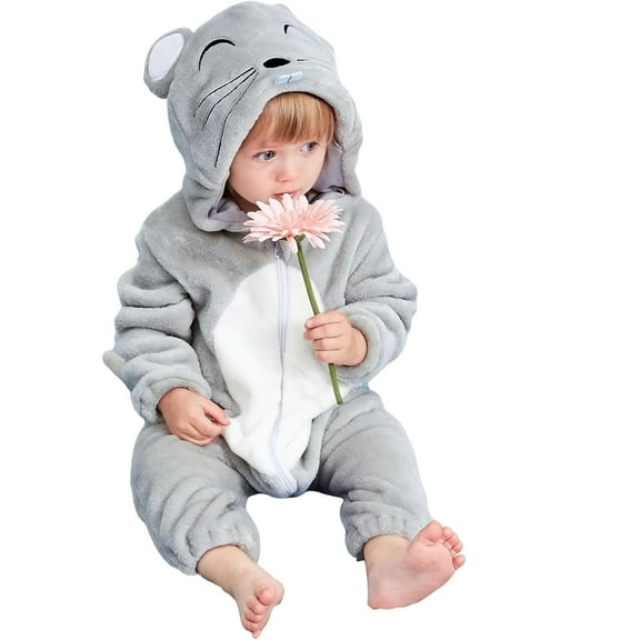 QEFJNO Newborn Infant Animals Mouse Romper Baby Winter Flannel Playsuit Toddler Hoodie Romper Jumpsuit with Zipper