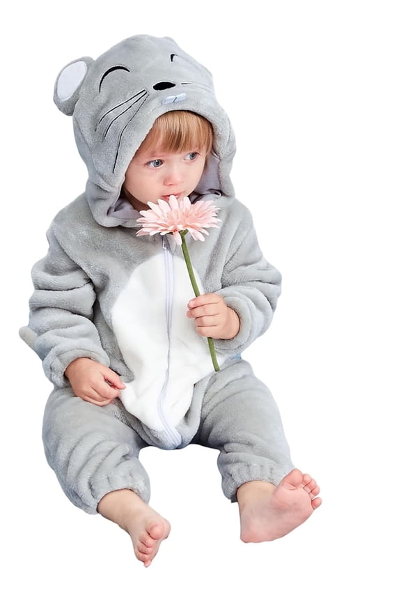 Newborn Infant Animals Mouse Romper Baby Winter Flannel Playsuit Toddler Hoodie Romper Jumpsuit with Zipper