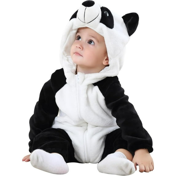 QEFJNO Newborn Infant Animals Panda Romper Baby Winter Flannel Playsuit Toddler Hoodie Romper Jumpsuit with Zipper
