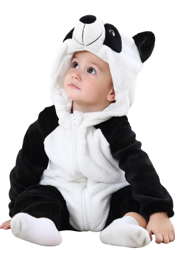 Newborn Infant Animals Panda Romper Baby Winter Flannel Playsuit Toddler Hoodie Romper Jumpsuit with Zipper