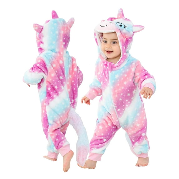 QEFJNO Newborn Infant Girls Cartoons Unicorn Romper Baby Winter Flannel Playsuit Toddler Hoodie Romper Jumpsuit with Zipper