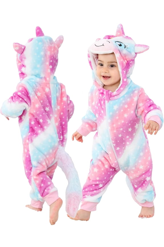 Newborn Infant Girls Cartoons Unicorn Romper Baby Winter Flannel Playsuit Toddler Hoodie Romper Jumpsuit with Zipper
