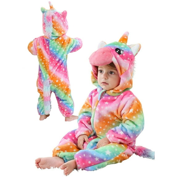 QEFJNO Newborn Infant Girls Cartoons Unicorn Romper Baby Winter Flannel Playsuit Toddler Hoodie Romper Jumpsuit with Zipper