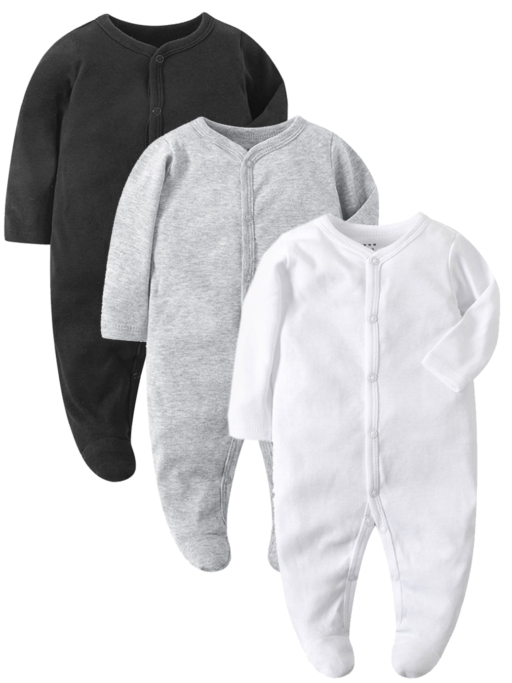 QEFJNO Newborn Unisex Baby Boys' 3-pack Sleep and Play Footies Pajamas One-Piece Sleeper Button Jumpsuit Cotton Solid PJs