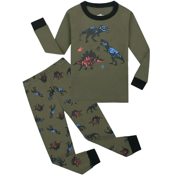 QEFJNO Toddler and Little Boys' Long Sleeve Tee and Pants, Snug Fit 2 Piece Pajama Set, Dinosaur Cotton Sleepwear Kids PJ, 3-8Y