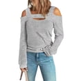 thumbnail image 1 of QELUSQELUS Women Blouse Cold Shoulder Long Sleeve Hollow Hole Solid Holiday Top, 1 of 4