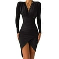 thumbnail image 1 of QELUSQELUS Women Bodycon Sexy V Neck Ruched Irregular Solid Commute Dress, 1 of 2
