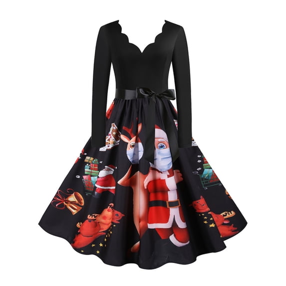 QELUSQELUS Women Christmas Gown Long Sleeve Bowknot Printed Party Vintage Dress