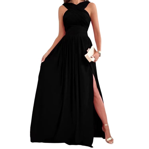 QELUSQELUS Women Halter Dress Sleeveless Open Back Solid Cocktail Long Gown