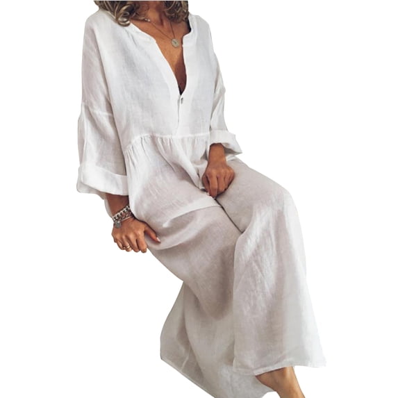 QELUSQELUS Women Plus Long Sleeve Cotton Linen Loose Solid Outside Kaftan Shirt Dress
