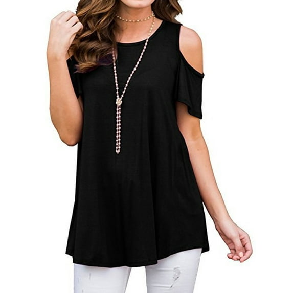 QELUSQELUS Women Plus T-Shirt Short Sleeve Ruffle Cold Shoulder Solid Workwear Blouse