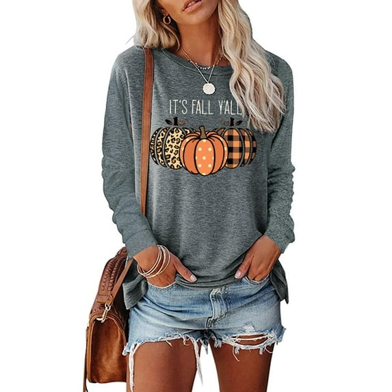 QELUSQELUS Women Pullover Long Sleeve Crew Neck Pumpkin Halloween Tunic T-Shirt Tops