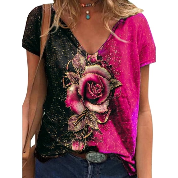 QELUSQELUS Women Pullover Short Sleeve V Neck Casual Floral Daytime T-Shirt