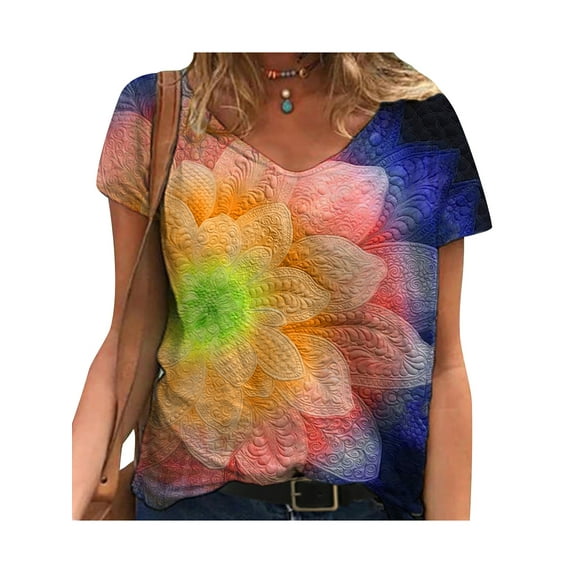 QELUSQELUS Women Pullover Short Sleeve V Neck Casual Floral Daytime T-Shirt