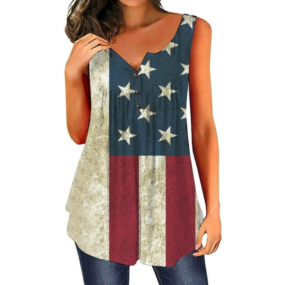 QELUSQELUS Women T-Shirt Sleeveless Buttons V Neck American Flag Independence Day Tank Top