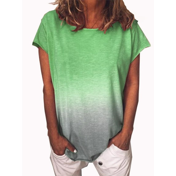 QELUSQELUS Women Tee Short Sleeve Round Neck Casual Gradient Daytime T-Shirt