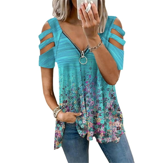 QELUSQELUS Women Top Cold Shoulder Short Sleeve Zipper V Neck Floral Leisure Blouse