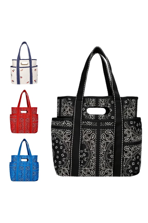Women's Americana Cut Out Tote Bag,Red Bandana Print Shoulder Tote Bag with Multiple Pockets,Large Capacity Casual Handbag for Daily Use
