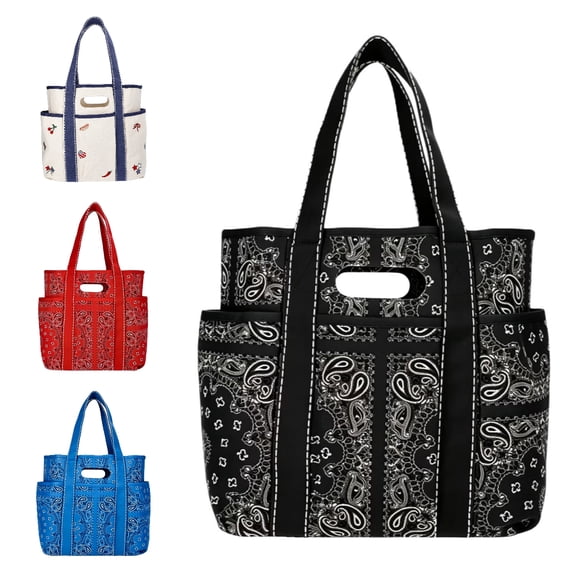 QEMAUUA Women's Americana Cut Out Tote Bag,Red Bandana Print Shoulder Tote Bag with Multiple Pockets,Large Capacity Casual Handbag for Daily Use