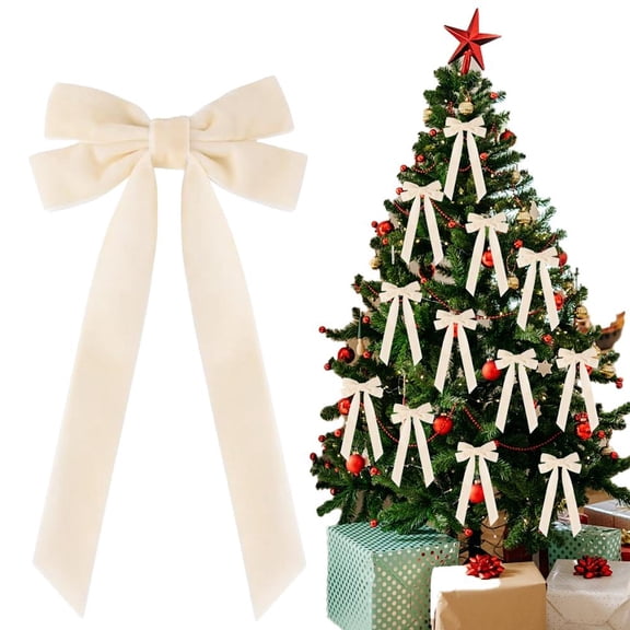 QENASHAING 12Pcs Beige Velvet Bows Christmas Tree Decorations,5in x 10in Xmas Ornaments for Tree Home Coquette Room Birthday Party Front Door Wedding Holiday Decor