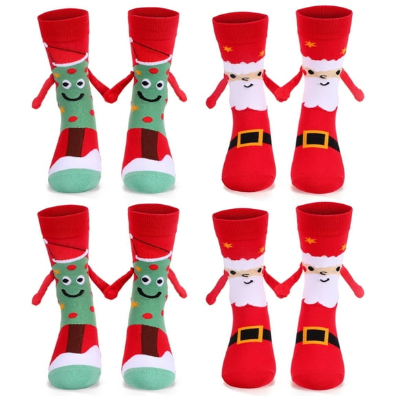 QENASHAING 4 Pairs Christmas Magnetic Hand Holding Socks, Red Green Funny Socks, 3D Cotton Socks for Winter Xmas Birthday Valentine Party Gift Supplies