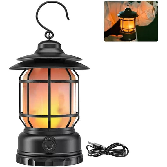 QENASHAING Rechargeable Camping Lantern, Flame Decorative Table Lamp, 2 Modes LED Light with Hook,Dimmable Vintage Style,Portable Waterproof Camping Light for Indoor/Outdoor Use (1)