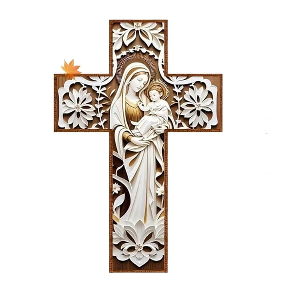 QENASHAING Retro Wooden Cross Wall Decor, 12 x 8 Inches, Handcrafted with Exquisite Carving, Creates Peaceful Atmosphere in Home or Church