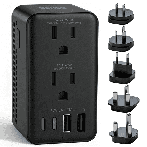 QENEQ Travel Adapter Voltage Converter US to Europe Power Adapter Step Down Transformer 220V to 110V with 2 USB A 2 USB C & UK/AU/US/EU/South Africa for Hair Dryer (Black)