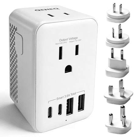 QENEQ Universal Travel Adapter 220V to 110V Converter Voltage Converter International Plug Adaptor with UK/EU/AU/US/ZA Plug for Hair Dryer with 2 USB A and 2 USB C