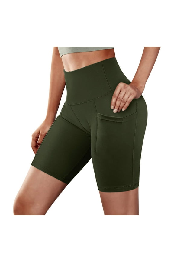 QENGING Clothes Ladies Yoga Shorts Solid Color Slip Bike Shorts Compression Workout Leggings Gym Shorts Tights Pants Summer Rollback Olive Green M