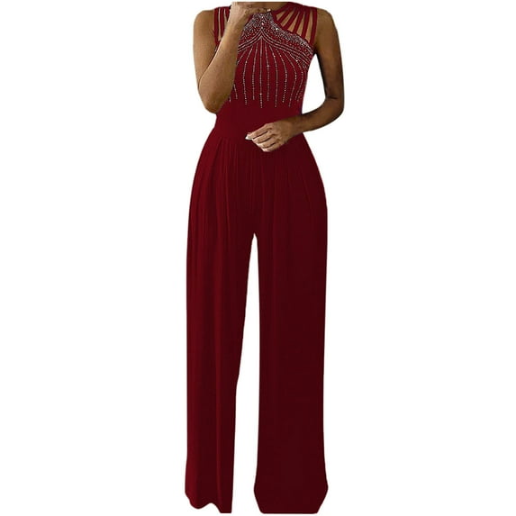 QENGING Clothes Women's Pants Diamond Solid Halter Jumpsuit Pajamas Casual Wide Leg Pants Casual