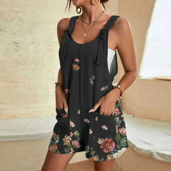 QENGING Workout Shorts for Women Plus Size Casual Sleeveless Floral Print Loose Sling Rompers Shorts Summer