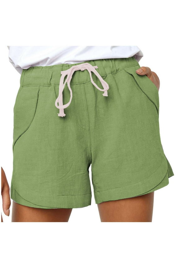 QENGING Clothes Workout Shorts for Women Plus Size Drawstring Casual Elastic Waist Pocket Loose Solid Shorts Pants Summer Rollback Green 2XL
