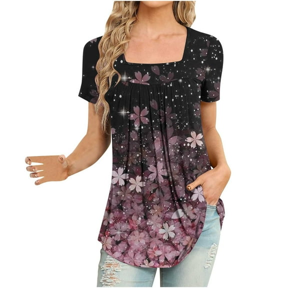 QENGING Ladies Tops Plus Size Floral Printed Casual V-Neck Short Sleeve Loose T-Shirt Pullover Pink XL Summer