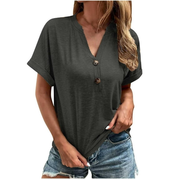 QENGING Ladies Tops and Blouses Fit Blouses V Neck Leisure Short Sleeve Button-Down Solid Tops Dark Gray 3XL Summer Clearance