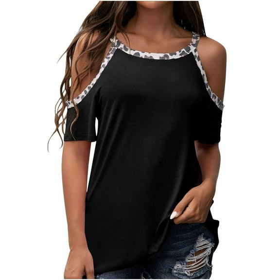QENGING Ladies Tops and Blouses Fit Short Sleeve Cold Shoulder Round Neck Casual Tops T-shirt Blouse Black S Summer