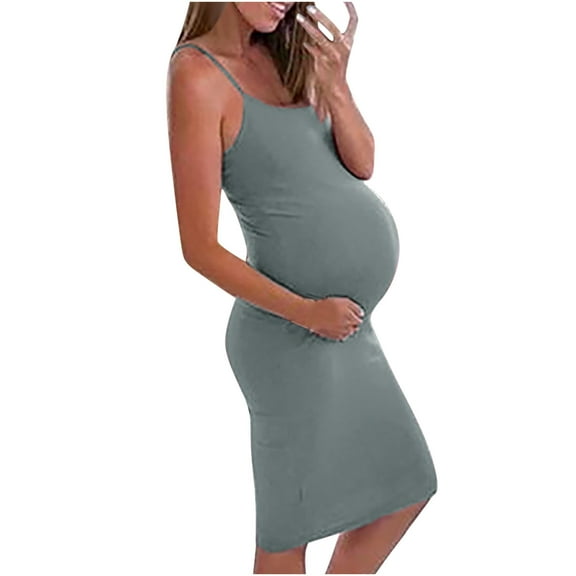 QENGING Maternity Clothes for Women Maternity Dress Sleeveless Scoop Neck Midi Dress with Suspender Solid Color Dress GrayM