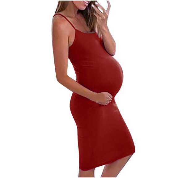 QENGING Maternity Clothes for Women Maternity Dress Sleeveless Scoop Neck Midi Dress with Suspender Solid Color Dress RedL