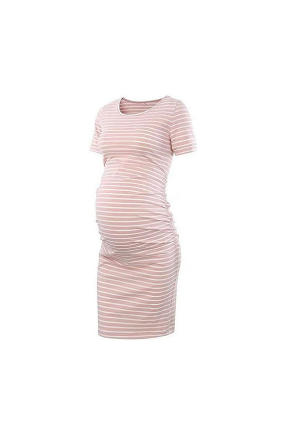 Maternity Clothes for Women Pregnancy Dresses O-Neck Stripe Short Sleeve Breast-Feeding Maternity Nursing Dress PinkM