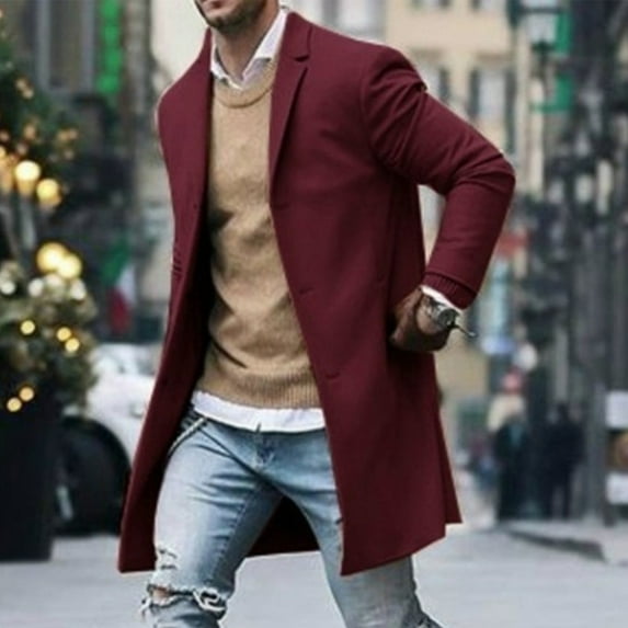 QENGING Men's Suit Jacket Winter Mid-length Suit Collar Single-breasted Fashionable Woolen Coat Blazer Jacket Deals of The Day