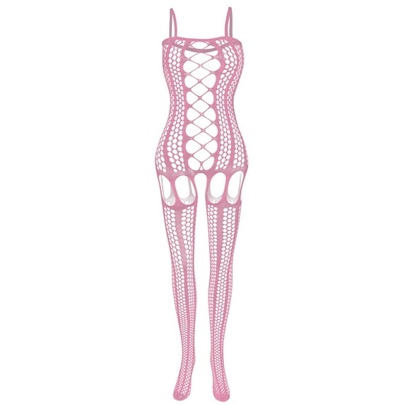 QENGING Pajamas for Women Solid Corsets One Piece Fishnet Netting Stockings Hollow Out Bodysuit Sleepwear for Home Party Outdoor