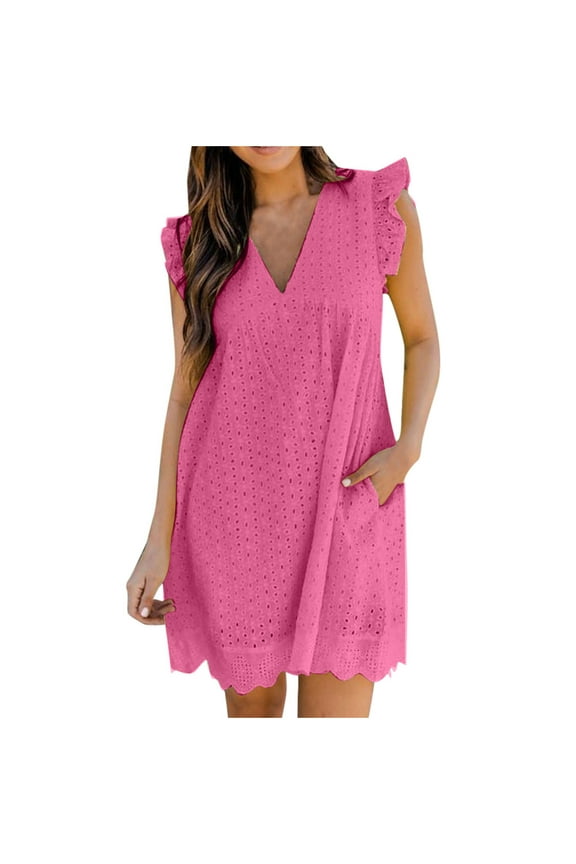 Spring Dresses for Women Plus Size Solid Summer Sleeveless V-Neck Casual Hollow Out Mini Zipper Patchwork Pocket Jumpsuit Romper Hot Pink 2023